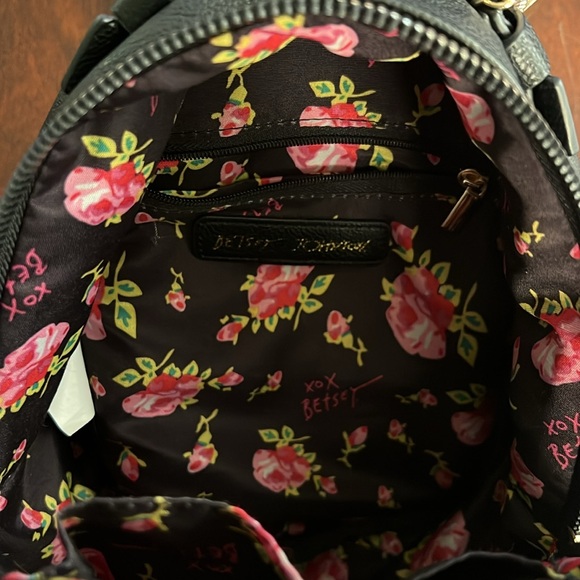 Betsy Johnson black backpack bow gold hardware floral lining main image 4